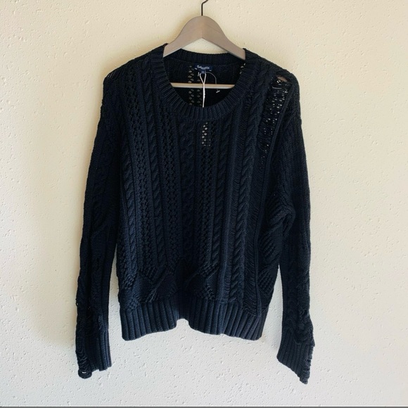 Anthropologie Splendid Distressed Cable Knit Black Women’s Sweater Size XS NWT - Picture 3 of 8